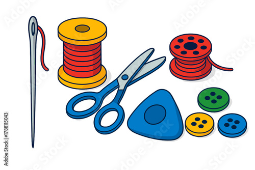 Sewing Essentials Icons. Isometric vector illustration set Sewing Essentials: needle with eye, spool of thread, small scissors,