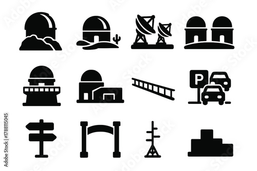 Observatories Icons Set. Solid style icons of large observatories: mountaintop dome, desert telescope, radio dish array, twin