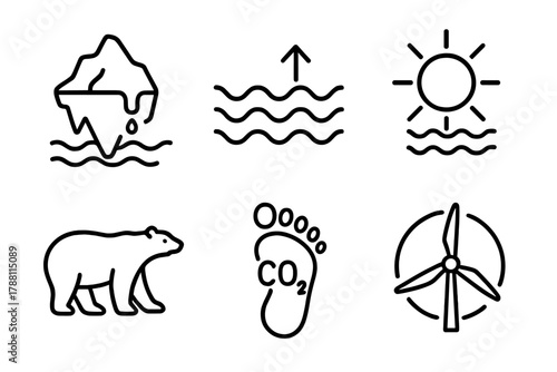 Climate Change Icons. Line style icons of climate study: melting glacier, rising sea level, heatwave sun, carbon footprint, polar