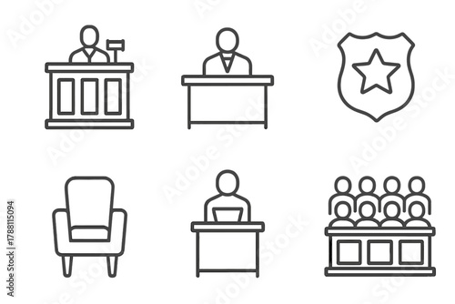 Courtroom Icons. Line style icons of Courtroom Roles and Structure: judge’s bench, attorney table, court reporter, bailiff badge,