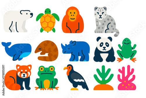 Endangered Animals Icons. Flat vector icons of Endangered Animals: polar bear, sea turtle, orangutan, snow leopard, blue whale,