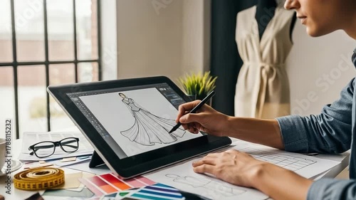 Fashion designer sketching a dress design on a digital tablet at her desk