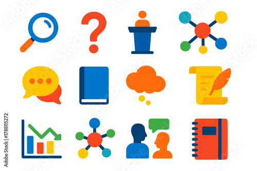 Philosophical Inquiry Icons. Flat vector icons of philosophical inquiry tools: magnifying glass, question mark, lecture podium,