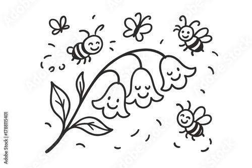 Smiling Blooms and Giggles. A doodle of a falcate branch with curved blossoms, each flower smiling while bees and butterflies