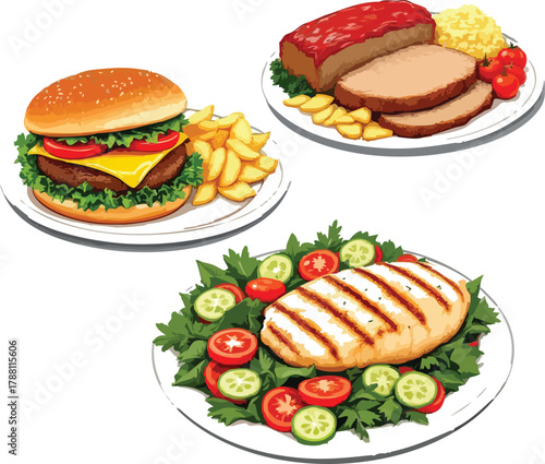 Three plated meals with burger and fries, meatloaf with mashed potatoes, and grilled chicken salad