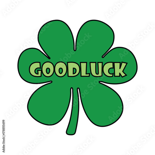 Green four-leaf clover with 'goodluck' text, symbol of fortune