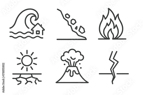 Natural Disaster Icons. Line style icons of natural disasters: flood wave, landslide, wildfire, drought sun, volcanic eruption,