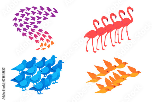 Vibrant Bird Formations. Isometric vector illustration set Species-Specific Flock Forms: Starling cloud twist, flamingo line