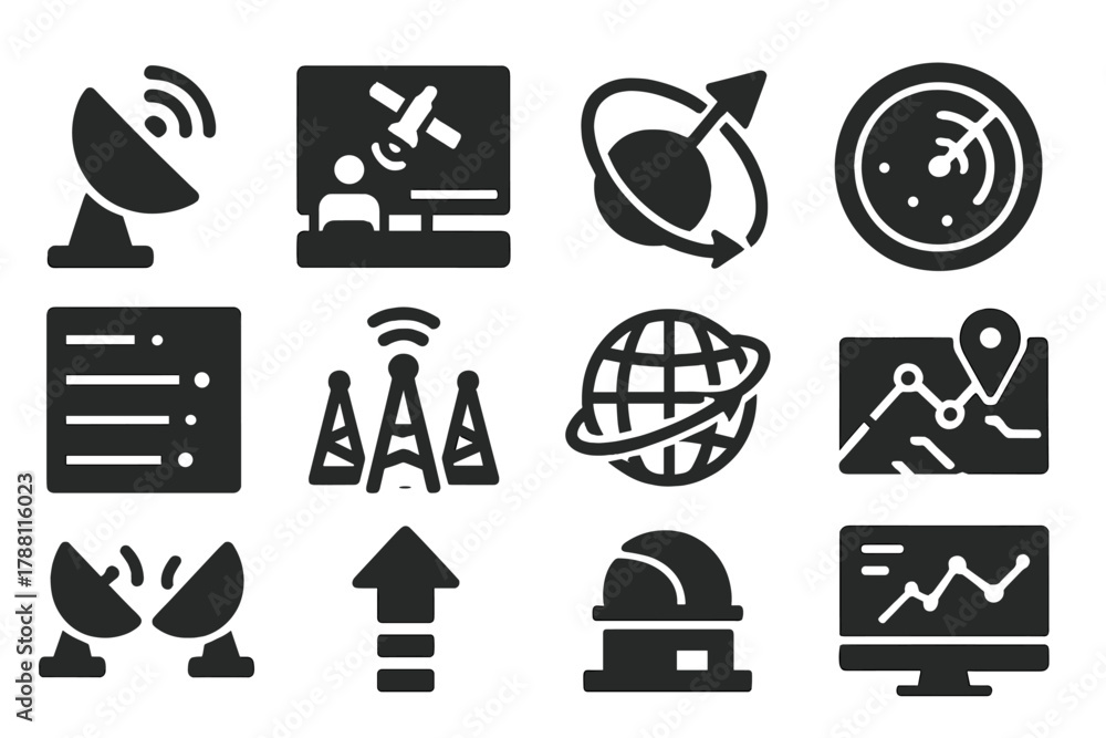 Fototapeta premium Ground Tracking Icons. Solid style icons of ground tracking: satellite dish, mission control screen, orbital path projection,