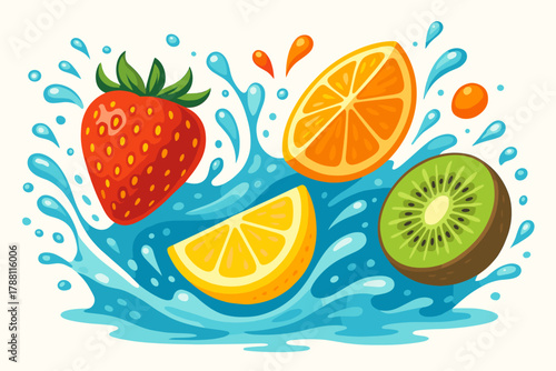 Splashing Fruity Refreshment. Playful splash vector illustration of fruit in water, dynamic motion, bright colors, refreshing and