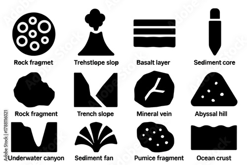 Ocean Geology Icons. Solid style icons of Ocean geology: manganese nodule, hydrothermal vent, basalt layer, sediment core, rock
