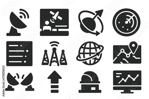 Ground Tracking Icons. Solid style icons of ground tracking: satellite dish, mission control screen, orbital path projection,