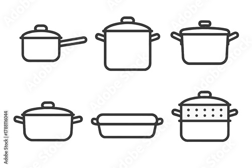 Cookware Line Icons. Line style icons of cookware: saucepan, stockpot, pressure cooker, Dutch oven, roasting pan, steamer pot. No