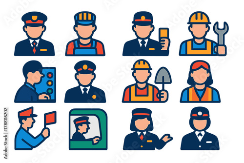 Railway Workers Icons. Flat vector icons of railway workers: train conductor, engineer with cap, ticket inspector, maintenance