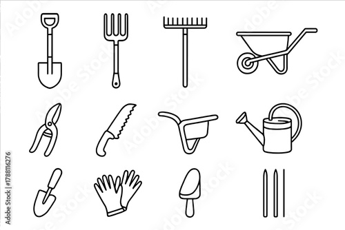 Garden Tools Icons. Line style icons of Garden Tools: Spade, Fork, Rake, Hoe; Secateurs, Pruning Saw, Wheelbarrow, Watering Can;