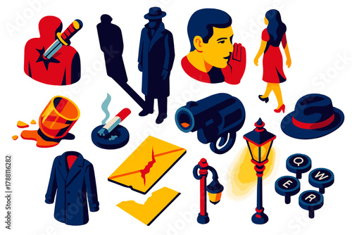 Noir Betrayal Symbols. Isometric vector illustration set Noir Betrayal: betrayal stab mark, tall shadow man, whispered secret face