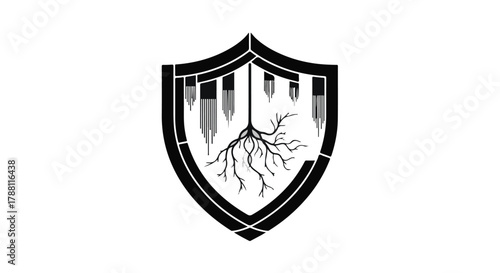 Protective shield with branching roots and abstract vertical elements symbolizing growth and security.