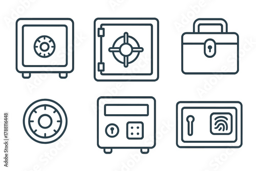Safe Icons Collection. Line style icons of safes and vaults: small safe, vault door, cash box, combination dial, deposit box,