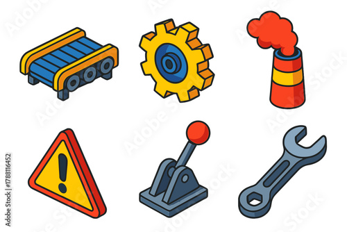 Industrial Equipment Icons. Isometric vector illustration set Factory Equipment: industrial conveyor belt, rotating gear, red