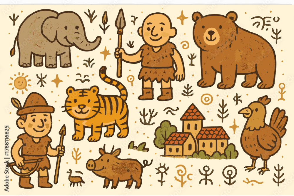 Obraz premium Whimsical Ethnozoology Scene. Whimsical doodle ethnozoology scene with smiling animals, cartoon hunters with friendly faces,