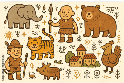 Whimsical Ethnozoology Scene. Whimsical doodle ethnozoology scene with smiling animals, cartoon hunters with friendly faces,