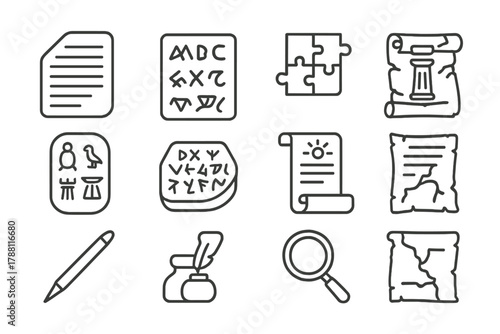 Icons of Lost Languages. Line style icons of Lost Languages: Rosetta Stone, Undeciphered Script, Linguistic Puzzle, Cultural Loss;