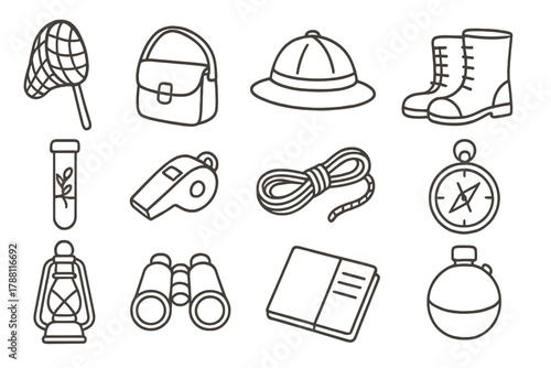 Fieldwork Essentials Icons. Line style icons of classic fieldwork: net, canvas bag, explorer hat, boots; specimen tube, whistle,