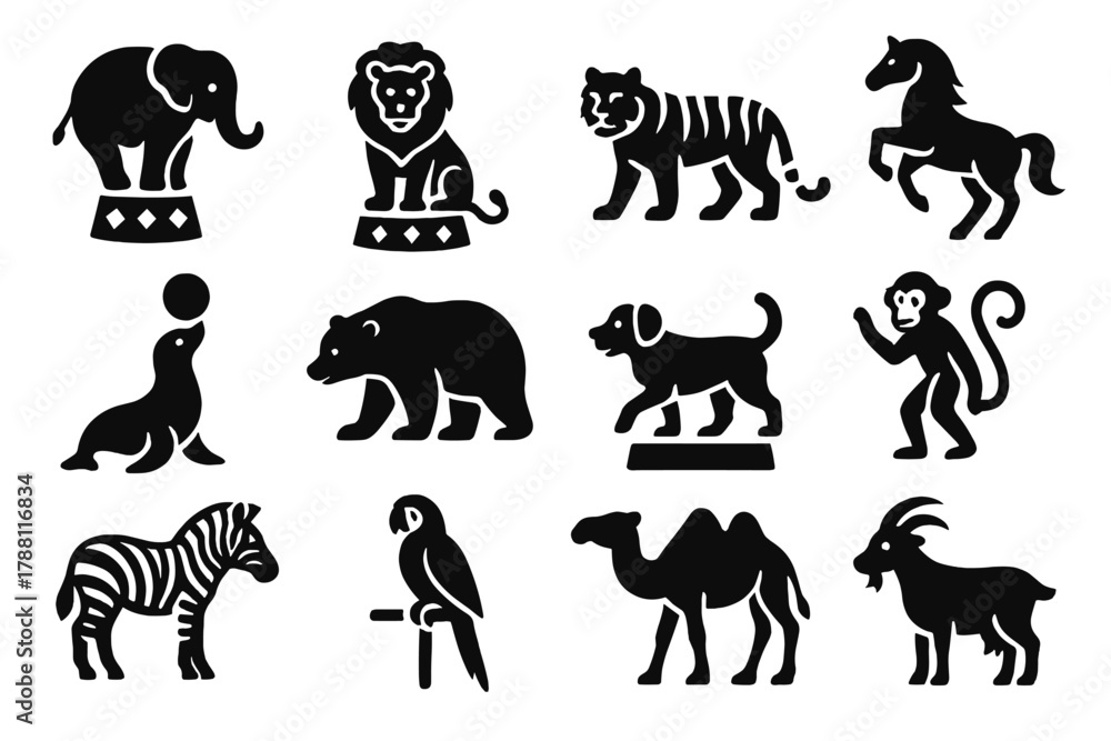 Fototapeta premium Circus Animal Icons. Solid style icons of circus animals: elephant, lion, tiger, horse, seal, bear, dog, monkey, zebra, parrot,