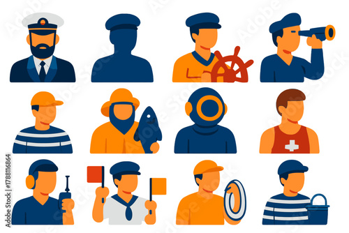 Sailor Crew Icons. Flat vector icons of sailors and crew: captain with hat, sailor silhouette, helmsman at wheel, lookout with