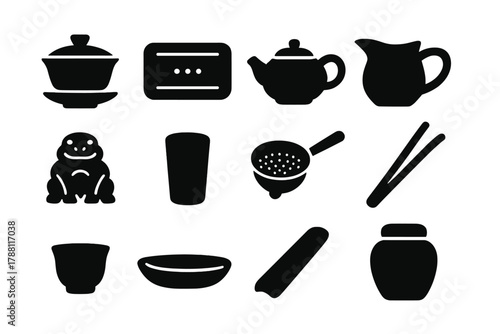 Chinese Tea Ceremony Icons. Solid style icons of Chinese tea ceremony: gaiwan, tea tray, clay teapot, fairness pitcher, tea pet,