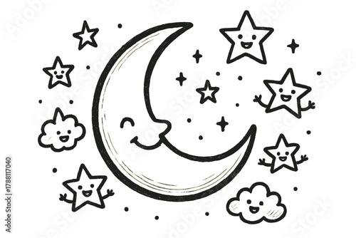 Smiling Crescent Moon. A doodle of a smiling crescent moon shaped like a falcate sickle, surrounded by cheerful stars and tiny
