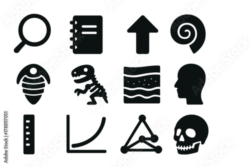Paleontology Icons Collection. Solid style icons of paleontological observation and visualization: magnifying glass, notebook,