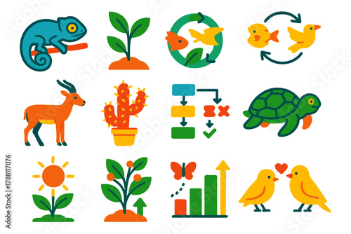 Organism Adaptation Illustration. Isometric vector illustration set Apparent purposefulness in organisms: animal functional traits