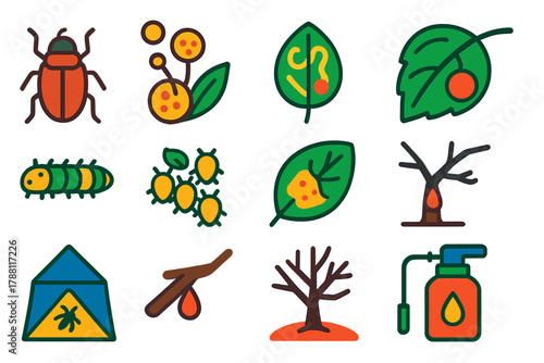 Tree Pest Icons. Flat vector icons of pests and diseases in trees: bark beetle, fungal spore, leaf miner, gall formation, moth