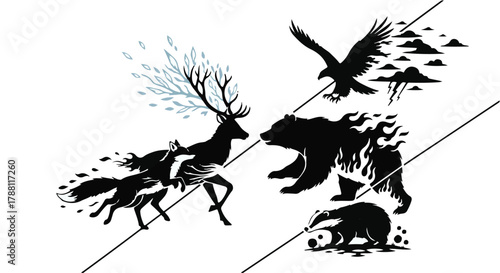 Nature's spirit animals emerge from abstract elements, representing primal forces in a dynamic composition.