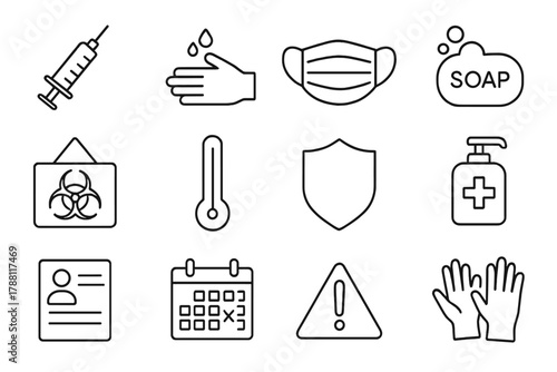 Disease Prevention Icons. Line style icons of Disease Prevention: Vaccine Syringe, Hand Wash, Face Mask, Soap; Quarantine Sign,