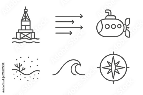 Oceanography Line Icons. Line style icons of oceanography basics: research buoy, currents, submersible, ocean floor, wave, compass