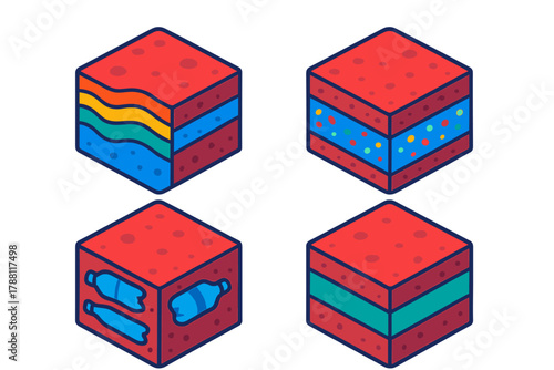 Plastic Geological Layers. Isometric vector illustration set Plastic Geological Layers: Color-striped plastic sediment,