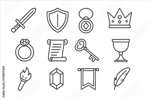 Legendary Artifacts Icons. Line style icons of Legendary Artifacts: Sword, Shield, Amulet, Crown; Ring, Scroll, Key, Chalice;