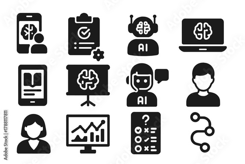 AI Education Icons. Solid style icons of Artificial Intelligence in Education: adaptive learning app, automated grading, virtual