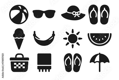 Summer Leisure Icons. Solid style icons of Summer Leisure: Beach Ball, Sunglasses, Sun Hat, Sandals, Ice Cream, Hammock, Sun,