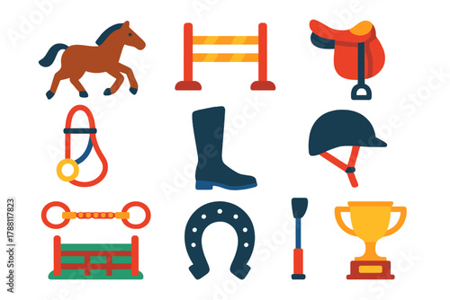 Equestrian Icon Set. Flat vector icons of Riding Competition: horse, jump, saddle, bridle, riding boot, helmet, reins, horseshoe,