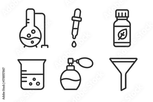 Perfume Making Icons. Line style icons of perfume making: distillation flask, pipette, essential oil bottle, mixing beaker,