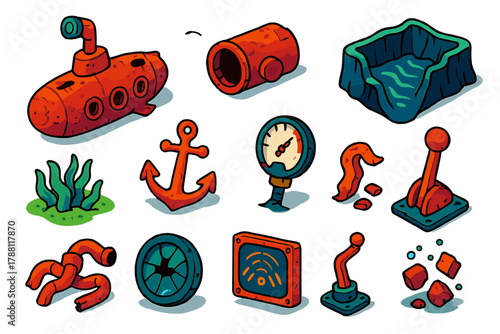 Abandoned Submarine Icons. Isometric vector illustration set Abandoned Submarine: tilted periscope, decayed hull segment, sealed