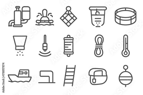 Aquaculture Equipment Icons. Line style icons of Aquaculture Equipment: Water Pump, Aerator, Net, Cage; Feeder, Sensor, Filter,