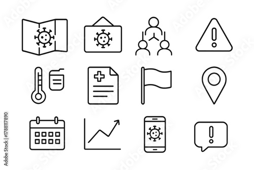 Outbreak Tracking Icons. Line style icons of Outbreak Tracking: Infection Map, Quarantine Sign, Contact Tracing, Alert;
