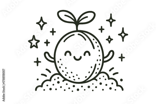 Happy Sprouting Seed. Adorable doodle vector design of a happy seed character sprouting tiny arms, surrounded by doodle soil,