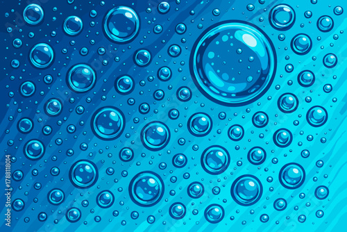 Glistening Blue Bubbles. Macro shot of bubbles glistening on a glass surface, vibrant blue vector illustration tones, abstract and