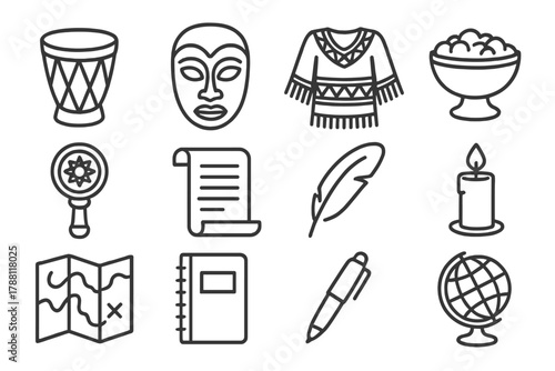 Cultural Icons Display. Line style icons of Cultural Recording: Drum, Mask, Costume, Offering; Ritual Object, Scroll, Feather,