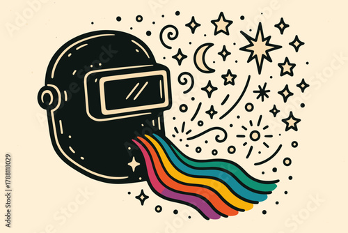 Rainbow Welding Wonders. Magical doodle vector design of a welding mask projecting rainbow doodle sparks, stars, and glowing beads